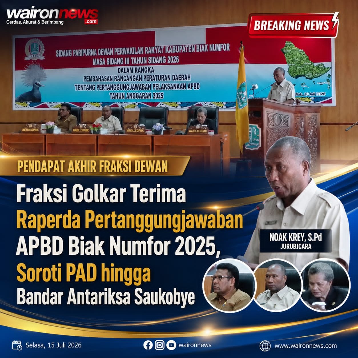 Fraksi Golkar Terima Raperda Pertanggungjawaban APBD Biak Numfor 2025, Soroti PAD hingga Bandar Antariksa Saukobye