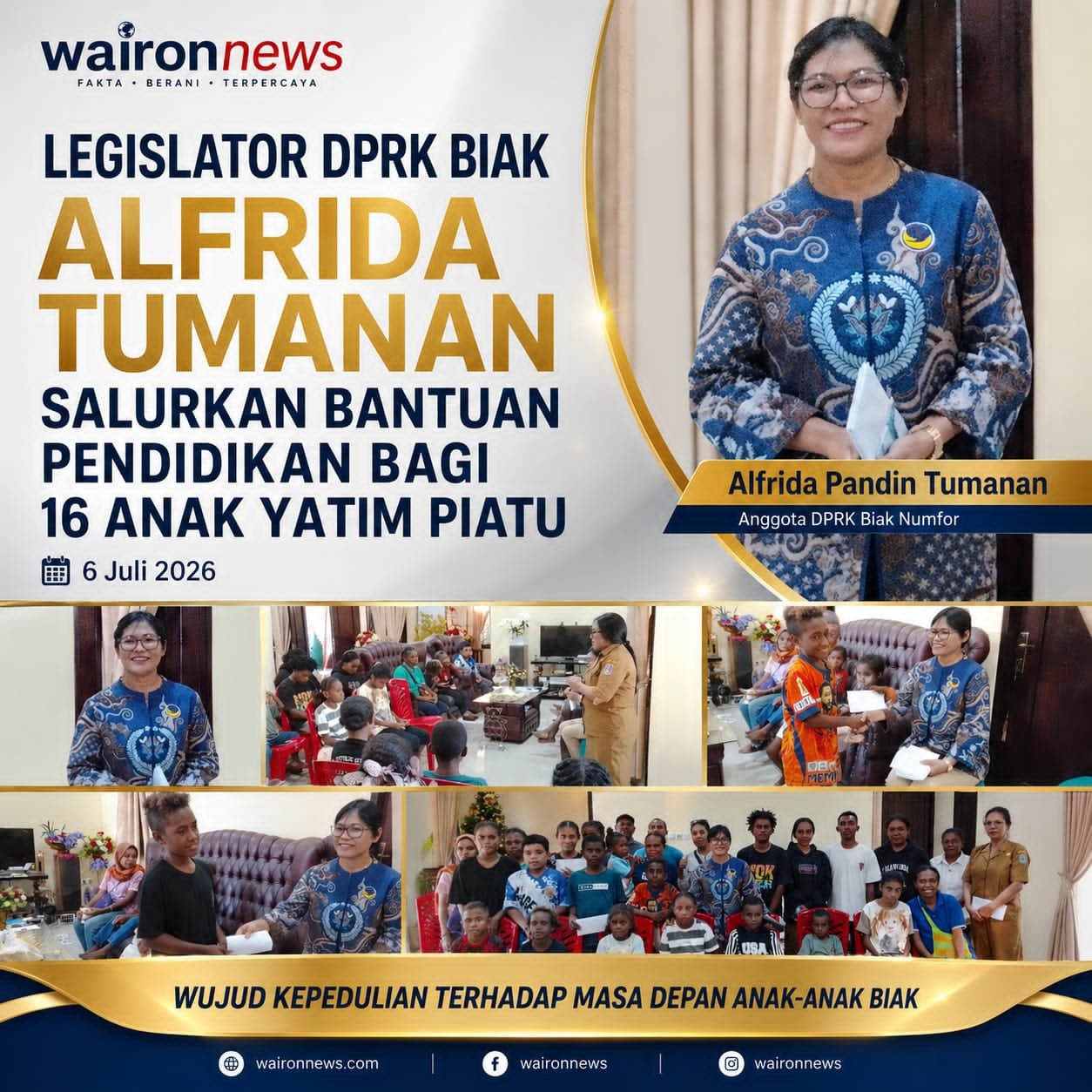 Legislator DPRK Biak Alfrida Tumanan Salurkan Bantuan Pendidikan bagi Anak Yatim Piatu dan Disabilitas