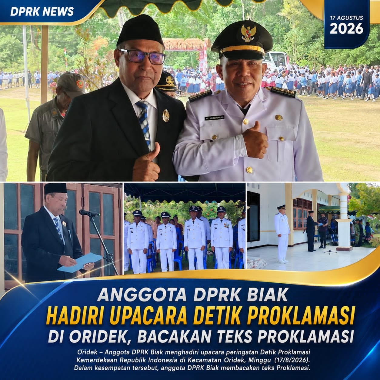 Anggota DPRK Biak Hadiri Upacara Detik Proklamasi di Oridek, Bacakan Teks Proklamasi