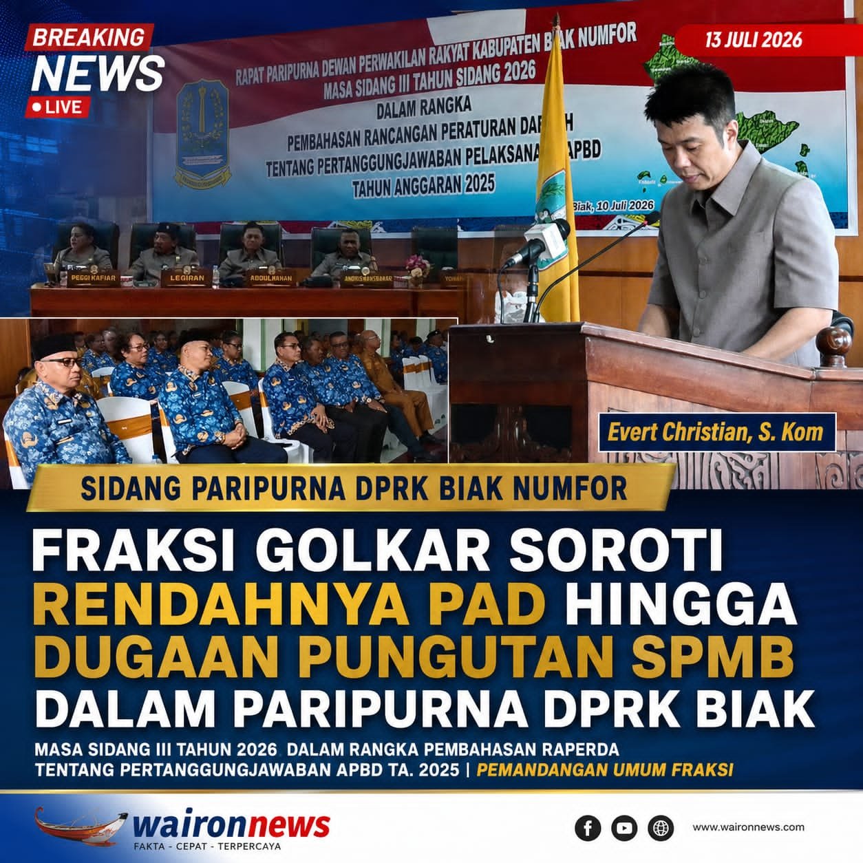 Fraksi Golkar Soroti Rendahnya PAD hingga Dugaan Pungutan SPMB dalam Paripurna DPRK Biak